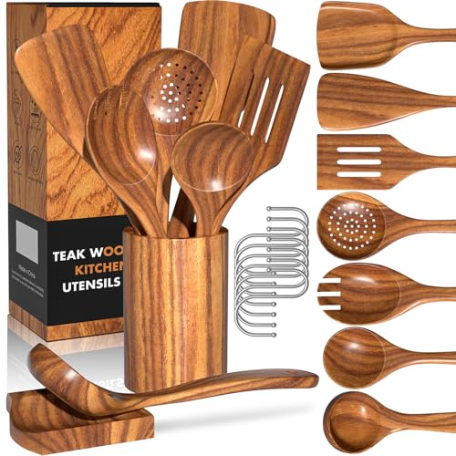 Wooden Spoons for Cooking, 10 Pcs Teak Wood Utensil Set for Nonstick | Wooden Utensil Set with Holder, Heat Resistant & Non-Scratch, Smooth Durable Teak Spoons, Easy Clean for Kitchen Cookware