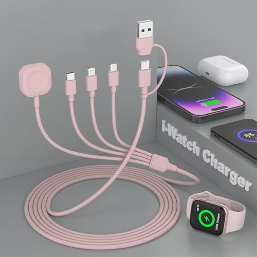 4-in-2 Travel Multi Charger Cable, 3M/10FT Extra Long USB A/C Charging Cable with iWatch Charger+IP*2+Type C Port for Apple Watch Series 9/8/Ultra/7/6/5/SE/iPhone 16/15/14/13/12/Samsung/iPad, Pink