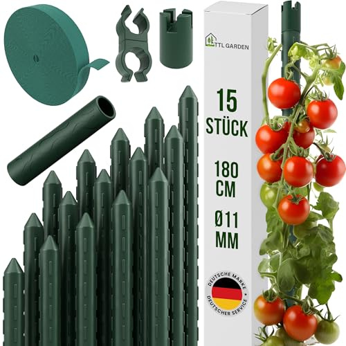 TTL GARDEN Rankstäbe 15er Set 180 cm x 11mm Ø grün + Klettband & Clips | - Rankhilfe Pflanzstäbe Stahl rostfrei Kunststoff beschichtet Rankhilfe Blumenstütze Pflanzenstütze -Tomaten Gurken & Blumen