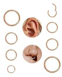 Habselikob 8Pcs Piercing Nez Anneaux Acier Chirurgical Piercing Oreille Hoop Hinged Anneau Septum Clicker 16G/18G Septum Conch Tragus Daith Piercing 6mm/8mm/10mm/12mm