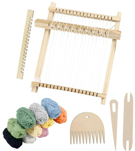 PacuM 14 Stück Webrahmen Kinder Set Enthält 1 Webrahmen für Kinder ab 6 Jahre 3 Strickstab 10 Rollen Farben Milchbaumwollgarn Loom Glatt Gratfrei Webstuhl für Mini-Teppiche Untersetzer Schals Tücher