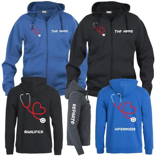PELUSCIAMO Felpa Ospedale Infermiere Dottore Stetoscopio Cuore | Felpa Unisex con Cappuccio e Zip Lunga | Personalizzabile con Il Tuo Nome Il Tuo reparto E La Tua Qualifica PS 02202-002