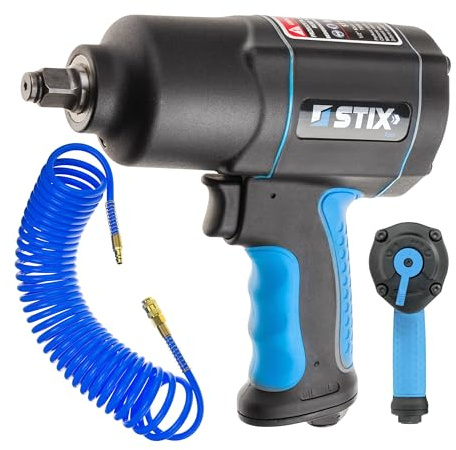 Stix STT-17 Druckluft-Schlagschrauber 1700 Nm 1/2 Zoll mit Twin Hammer und PU Spiralschlauch 12x8 mm 10 m für flexible Druckluftanwendungen