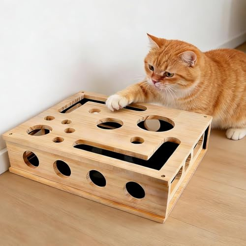 Cat Nail File & Scratch Puzzle Enrichment Box, Interactive Cat Puzzle Toy, Cat Nail File Scratch Enrichment Box, Wooden Toy Boxs Sandpaper Inside for Indoor Cats Scratching（30x25x8)