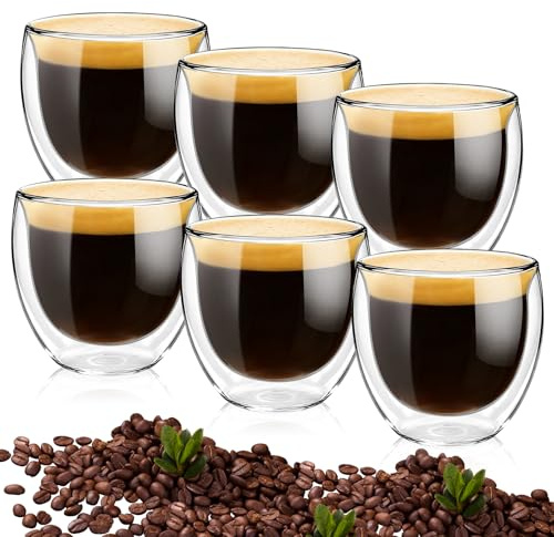 pangutheos 6 x 80 ml Double Walled Coffee Mug, Transparent Glass Coffee Mugs, Insulated Glass Tea Cups for Latte, Tea, Matcha