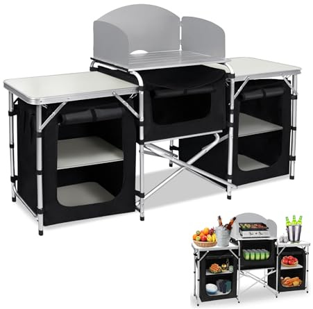 Abhpjuy Campingküche Faltbar Campingschrank Einstellbar Reiseküche mit Aluminiumgestell Camping Regal Zeltschrank Outdoor Küchenbox campingtisch inkl. Tragetasche (174 x 52 x 110cm)