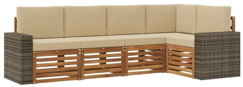 vidaXL Ecksofa Set mit Kissen 5 pcs Natur und Beige Massivholz Akazie, Garten, modernes Ecksofa, Möbel für draußen, Loungesessel, Bequeme Terrassensitzgruppe