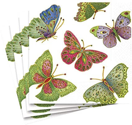 Caspari Jeweled Butterflies Paper Luncheon Napkins, Pack of 20, Ivory