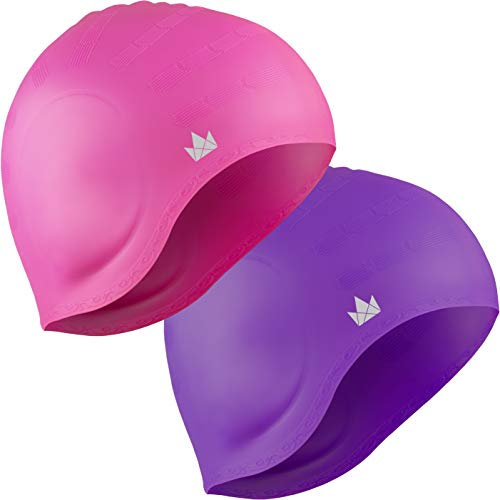The Friendly Swede Silikon Badekappen für Lange Haare - Stretch Schwimmkappen für Damen, Herren, Kinder (2-er Set) (Rosa/Lila)