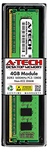 A-Tech - Modulo di aggiornamento memoria RAM per computer desktop da 4 GB DDR3 1600 MHz DIMM PC3-12800 UDIMM Non-ECC CL11 a 240 pin