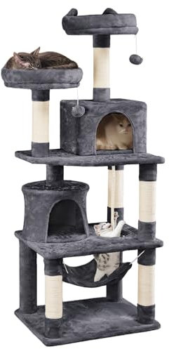Yaheetech Arbre à Chat 158 cm, Tour de Jeux pour Chat, avec 5 Poteaux à Griffer/2 Niches/2 Plate-Formes/1 Hamac Gris Foncé