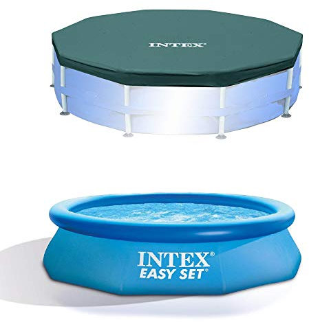 Intex 10ft Round Swimming Pool Cover & Easy Set 10ft x 30in Inflatable Pool