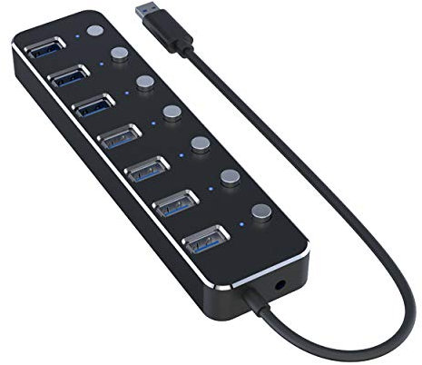 LITTONE® Hub USB 3.0 alimentato in alluminio nero a 7 porte USB 3.0 Hub dati con potenza 5V/2.4A hub di estensione ad alta velocità con interruttore on/off individuale e LED LM-TC51# (nero)