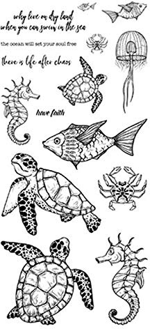 Underwater World Stanzschablonen und Stempel-Set, Motiv: Schildkröten, Fische, Quallen, Krebse, für Kartenherstellung, Metall-Stanzschablone, Match Have Faith Wörter, Gummistempel für Bastelarbeiten