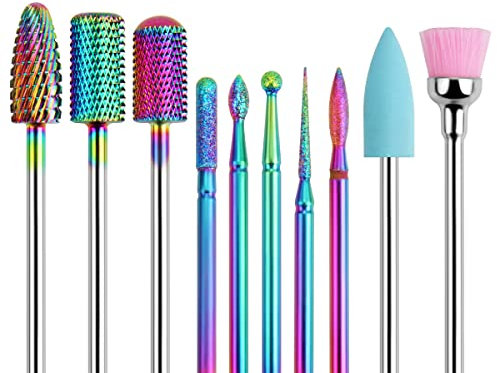 BELICOO 10 Stück Bits für Nagelfräser, Professional Electric Nail Files Drill 3/32 Inches Wolframcarbid Steel Diamanten cuticle Nagel Drill Tool Home Nagelstudio (Regenbogen-Major)