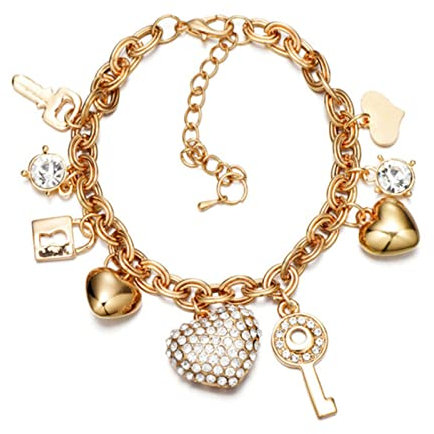 Love Heart Key Lock Star Crystal Bracelet Bangle Adjustable Chunky Thick Rhinestone Bead Link Chain Bracelet for Women Valentine's Day Jewelry Gift, Metal, Rhinestone