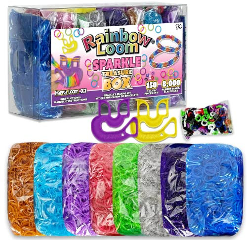 Rainbow Loom Treasure Box Sparkle Edition,8.000 Gummibänder in 8 verschiedenen glitzernden Farben,und ein Bonus von 2 Happy Looms,tolle Aktivitäten für Jungen Mädchen ab 7 Jahren, multi, B0337