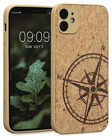 kwmobile Case Compatible with Apple iPhone 11 - Case with TPU Bumper Cork Slim - Navigational Compass Dark Brown/Light Brown
