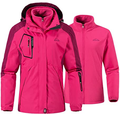 YSENTO Damen 3-in-1 Skijacke Winter Fleecejacke wasserdichte Winddichte Warme Funktions Outdoor Softshell Jacke mit Abnehmbarer Kapuze(Rosarot,S)