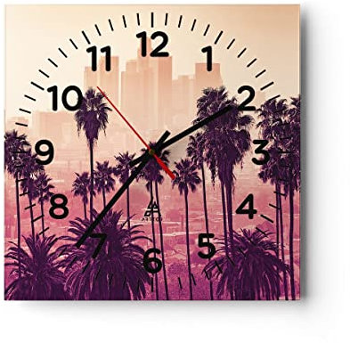 Modern Wanduhr Elche Angeles Palmen 30x30cm Quadrat Klein Wand Uhr Glas Analog Zimmeruhren Küche Büro Wohnzimmer Glasuhr Wall Clock Dekoration Design Wanddekoration Küchenuhr C4AC30x30-4285