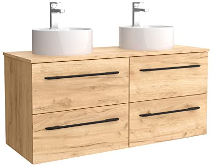 Salgar Mueble de baño Morai 120 cm 100% montado de fábrica Acabado Roble Tirador Negro suspendido 4 cajones Cierre amortiguado Lavabo sobre encimera Marca, 97966