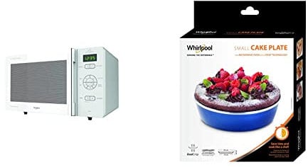 Whirlpool MCP345WH Forno a Microonde Chef Plus + Grill, 25 litri, Bianco, con griglia alta, piatto Crisp + maniglia & AVM190 Piatto Crisp a bordo alto (tortiera) per Forno a Microonde