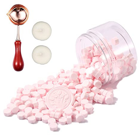 Comealltime 248 Stück Siegelwachs Set, Makaron Farbsystem Achteckige Siegelwachsperlen mit 2 Teelichtern&1 Schmelzlöffel, Siegellack für Wachssiegel Stempel (Kirschblüten-Pulver)