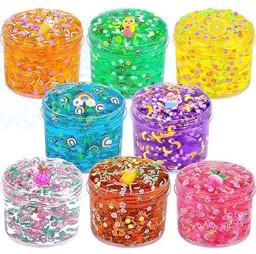 8 Packs Jelly Crunchy Slime Kit,Non Sticky,Super Soft Sludge Toy,Birthday Gifts for Kids,DIY Premade Crystal Glue Boba Slime Party Favor for Girls & Boys