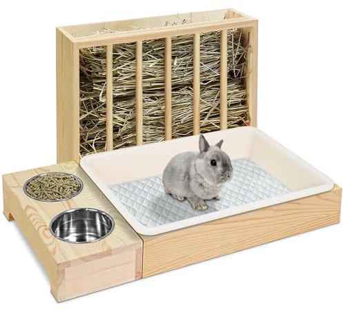 3 in 1 Kaninchen Heu Futterspender mit Katzentoilette, Holz Bunny Heu Feeder Meerschweinchen Heuhalter mit Toilette Kleintier Heuhalter Rack Krippe für Chinchillas, Hamster, Zwergkaninchen