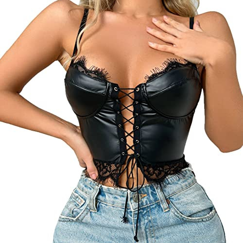 Lack Leder Crop Top Damen Leder-Optik Bustier Korsett Bauchfrei Wetlook Crop Top Shirts Kurz Sexy Tanktop Spaghetti BH Top Oberteile Erotik Dessous Reizwäsche Clubwear Party S-XXL