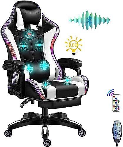 Silla de Juego con Altavoces Bluetooth, Luces LED RGB, Music Video Game Chair, Silla de Ordenador Ergonómica y Cómoda Silla Giratoria de Oficina Ajustable y Reclinable para Adultos,Blanco