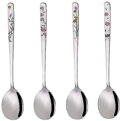 YAPULLYA Cucchiai coreani da zuppa, in acciaio inox 18/8, manico lungo, 20 cm, cucchiai asiatici in metallo, set di 4 (fiori)