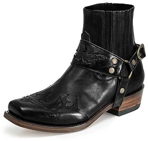Stivaletti Western da Uomo Stivali con Cinturino con Fibbia Stivali Corti da Cowboy con Punta Quadrata in Pelle retrò Stivali da Motociclista da Cowboy,Nero,46
