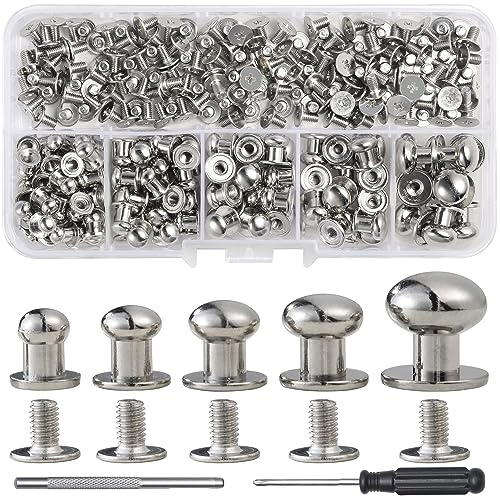 YORANYO 120 juegos de botones de cabeza redonda de varios tamaños para tornillos de cuero Chicago, pinchos y tachuelas, remaches de cuero plateado para reparación, decoración, ropa, zapatos,