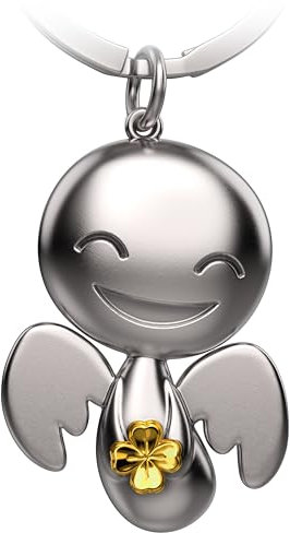 FABACH Schutzengel Schlüsselanhänger Happy mit Kleeblatt - Glücksengel aus Metall - Viel Erfolg Glücksbringer Auto Engel Anhänger - Geschenk Viel Glück Kleeblatt - Geschenk Glücksbringer