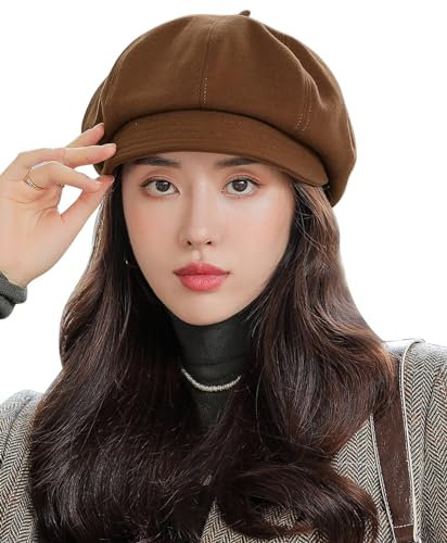 Damen Ballonmütze Basic Schirmmütze Vintage Barett Mütze Elegant Wintermütze mit Schirm Stil A-Braun