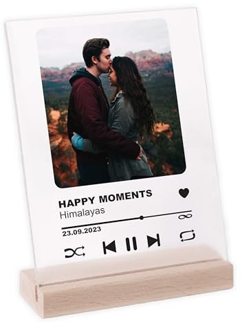 LAUBLUST Song Cover Glas Bild mit Foto Acrylglas & 3 Holzsockel - Personalisiertes Geschenk mit eigenem Bild - Musik-Player | ca. 15 x 20 cm - Fotogeschenk für Sie & Ihn | Geschenk für Frauen & Männer