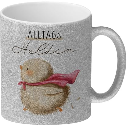 Küken Glitzer-Kaffeebecher mit Spruch Alltagsheldin Inspirierendes Geschenk für Freundin Kollegin Mutter Tasse Huhn Motiv verleiht Kraft im Unternehmen