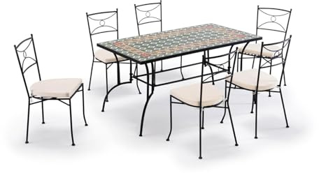 Gruppo Maruccia - Gartentisch und Stühle mit handgefertigtem Mosaik aus Keramik - 1 rechteckiger Tisch - 6 Stühle mit Kissen, GM6461