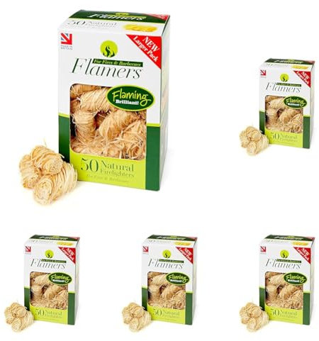 Flamers Firelighters - 50 Units Natural Fire Lighters for Wood Burner Firepit Bbq Pizza Oven Fireplace Chimenea Barbecue Fire Starter - Firestarter for Kiln Dried Kindling Log Coal Charcoal Briquette