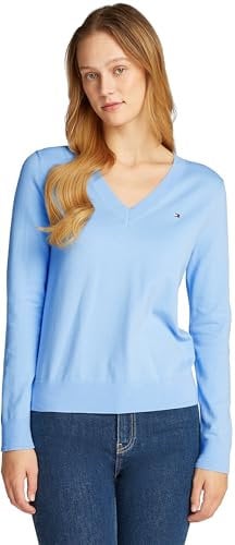 Tommy Hilfiger Damen Pullover Jersey Stitch V-Neck Strickpullover, Blau (Vessel Blue), S