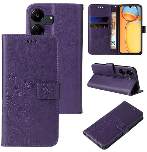 LBH Handy Hülle für Xiaomi Redmi 13C Case Handytasche Schmetterling Blumen Flower Standfunktion Schutzhülle Magnet Rundum Schutz 360 Grad Flipcase Cover Violett
