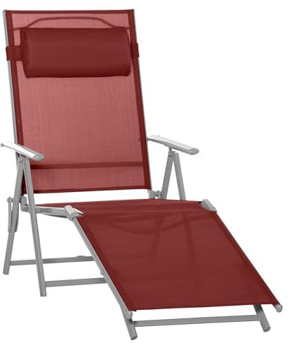 Outsunny Sonnenliege, Liegestuhl mit Kopfkissen, Gartenliege mit Verstellbarer Rückenlehne, Relaxliege für Balkon, Mesh, Alu, Weinrot, 137 x 63,5 x 100,5 cm