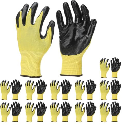 PATIKIL Safety Work Gloves Nitrile Coated, 12 Pair Non-slip Gardening Gloves Seamless Knit Working Gloves with Grip for Women Men Warehouse, Yellow, Large Size