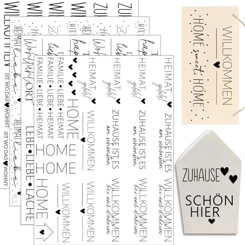 Hongma Rub On Sticker ca.A5 19x14cm-Großformat Transfers 4PCS Sprüche für Raysin für Keraflott Möbel Glas Holz DIY Deko Rub On Folie Rubons Aufkleber Glück Sprüche Home Heimat Willkommen