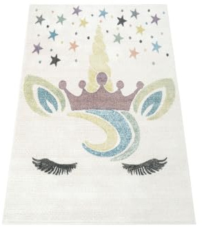 AKCILA Lima Cremig Einhorn, Krone 140x190 cm Kinderzimmer Teppich, Babyzimmer Tepich, Kurzflorteppich Schlafzimmer,Teppiche Gegend, Dekorativ Kids Carpet, Kinderteppich, Spielteppich, Tepich Mädchen