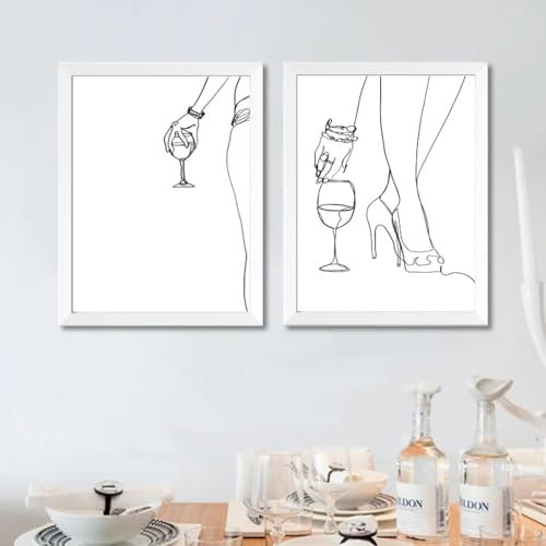 XINBAO Abstract Woman Body One Line Drawing Prints Wine Lover Bar Decor Minimalist Kitchen Canvas Art Painting Wine Poster Wall Art 40x60cmx2 Frameless