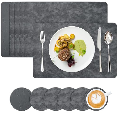 Homwiz Tischset Abwaschbar 6er Set, Doppelseitigen Tischsets Platzsets Abwaschbar, Platzdeckchen mit Untersetzer, Tischset Leder Optik, Platzset Leder Optik, Tischuntersetzer (Spacegrau+Dunkelgrau)