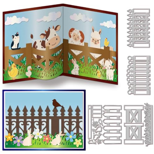 GLOBLELAND 3D-Pop-up-Zaun Rasenblume Metall Stanzschablone Kaninchen Vogel Papierpräge Stanzschablonen Set Stanzformen für Kartenherstellung DIY Papier Scrapbooking Handgefertigtes Fotoalbum