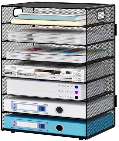 JEBELE 7 Tier A4 Magazine File Holder Mesh Tray Desk Mail Organiser Document Sorter Letter Storage Paper Rack for Book in Office Home Metal,Black